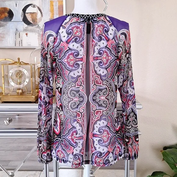 INC Sheer Lace Up Purple Paisley V Neck Top Large - Picture 3 of 5